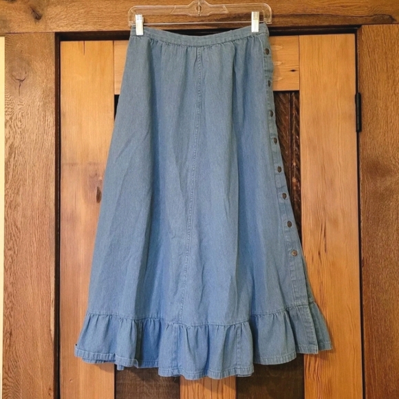 Vintage Handmade Light Denim Modest Summer Prairie Skirt Ruffle Button Side W26" - Picture 1 of 11